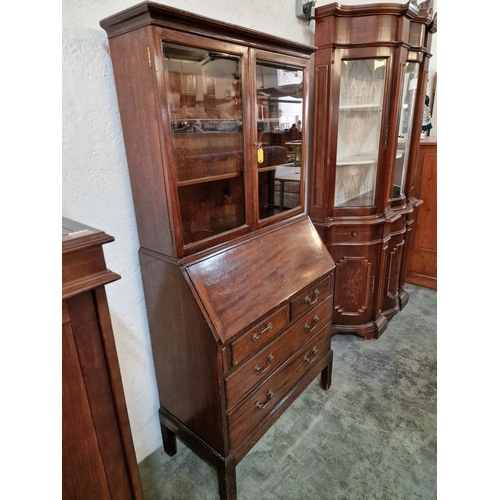 790 - Vintage Dark Wood Bureau Book Case Stamped 'Russel of Broadway, 1956', with Glazed Double Doors and ... 