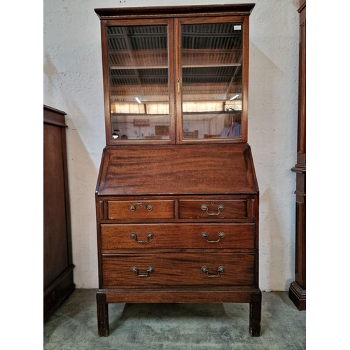 790 - Vintage Dark Wood Bureau Book Case Stamped 'Russel of Broadway, 1956', with Glazed Double Doors and ... 