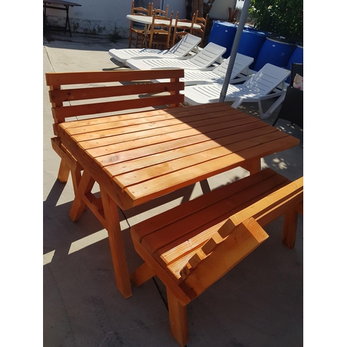 579 - Solid Wood Garden Patio Set; Table with 2 x Matching Benches, (Un-Used) Hand Made by Local Carpenter