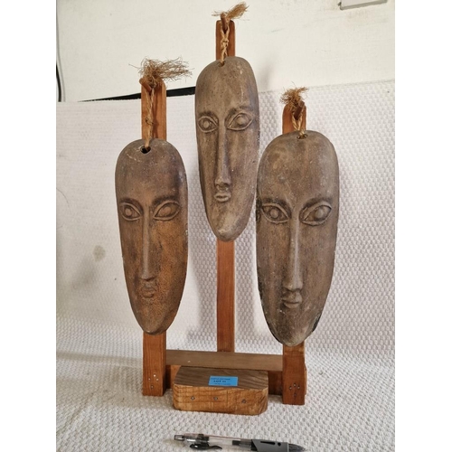 11 - Set of 3 x Clay Face Masks Hanging on Wooden Custom Stand, (Approx. H: 55cm)