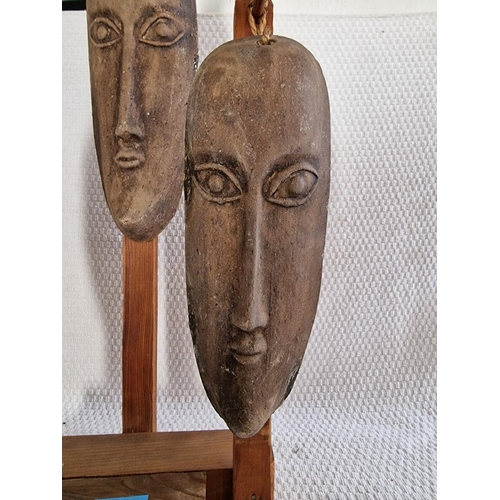 11 - Set of 3 x Clay Face Masks Hanging on Wooden Custom Stand, (Approx. H: 55cm)