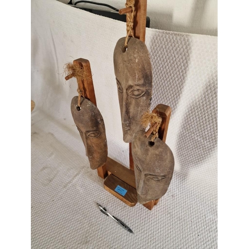 11 - Set of 3 x Clay Face Masks Hanging on Wooden Custom Stand, (Approx. H: 55cm)