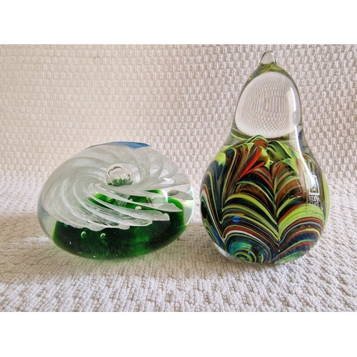 19 - Mdina (Malta) Decorative Glass Pear Shaped Paper Weight, Together with Green & White Glass Other, (2... 