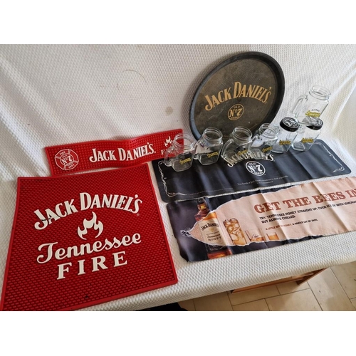 21 - Collection of Jack Daniel's Items, Incl. Large Red Rubber Bar Mat, Wall Hanging Tray, 7 x 'Lynchburg... 