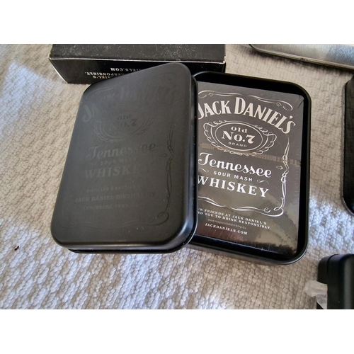 22 - Collection of Jack Daniel's Items; 2 x Hip Flasks, Shot Glass, Tin with Playing Cards & Poker Chips,... 