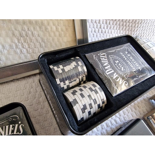 22 - Collection of Jack Daniel's Items; 2 x Hip Flasks, Shot Glass, Tin with Playing Cards & Poker Chips,... 