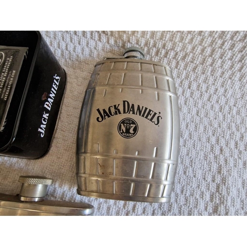 22 - Collection of Jack Daniel's Items; 2 x Hip Flasks, Shot Glass, Tin with Playing Cards & Poker Chips,... 
