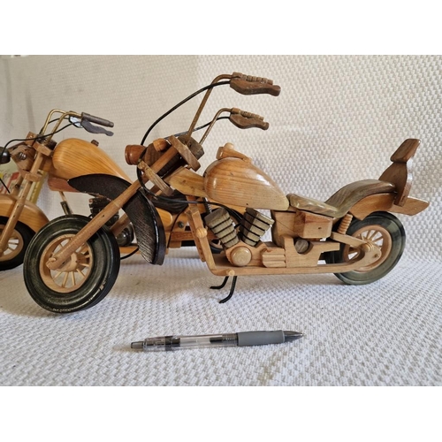34 - 2 x Large Vintage Hand Made Wooden Models of Motorbikes, (Approx. L: 46cm), (2)