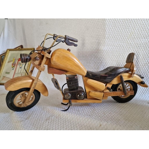 34 - 2 x Large Vintage Hand Made Wooden Models of Motorbikes, (Approx. L: 46cm), (2)