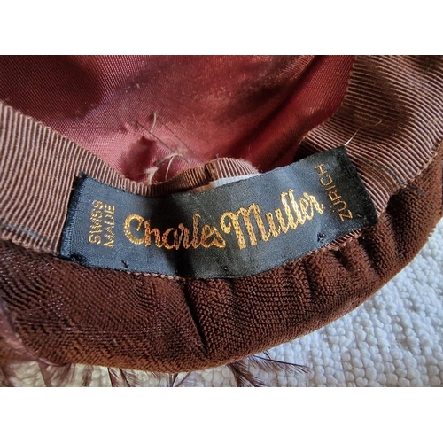 39 - Vintage 'Charles Muller' Ladies Brown Velvet Hat with Feathers, Made in Switzerland, with Round Card... 