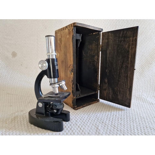 6 - Vintage 'COC' Black Cast Iron Student Microscope with 4 x Revolving Lenses, in Wooden Case
