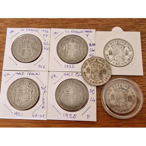 153 - 7 x Early Great British Silver Coins; 1920, 1921, 1923, 1936, 1941, 1942, 1944 King George V & VI, H... 