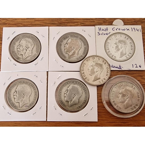 153 - 7 x Early Great British Silver Coins; 1920, 1921, 1923, 1936, 1941, 1942, 1944 King George V & VI, H... 