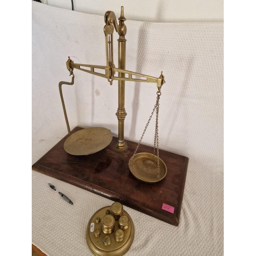 181 - Vintage Brass 'W & T Avery' Balance Scales (Birmingham, England) on Wooden Base, Together with Set o... 