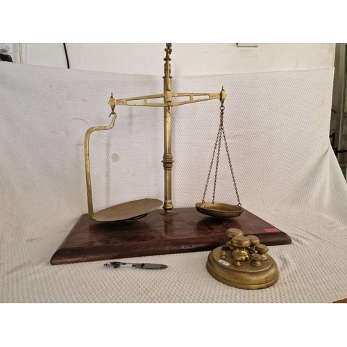 181 - Vintage Brass 'W & T Avery' Balance Scales (Birmingham, England) on Wooden Base, Together with Set o... 