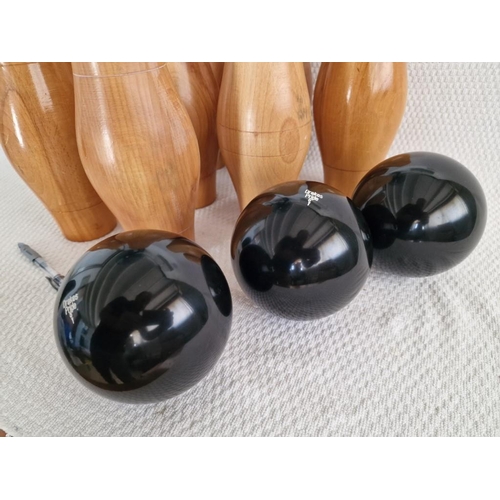 182 - 9 x Wooden Skittles, (Approx. H: 25cm), Together with 3 x 'Drakes Price 5' Bowling Balls, (12)