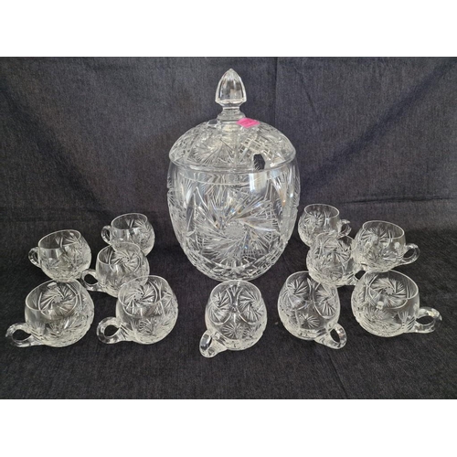 247 - Large Crystal Lidded Punch Bowl with Set of 11 x Matching Crystal Cups, (12)