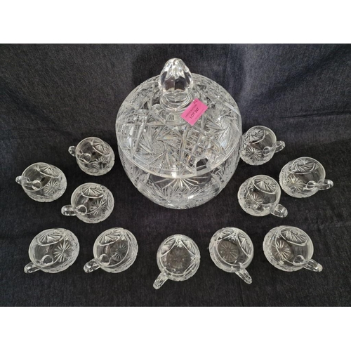 247 - Large Crystal Lidded Punch Bowl with Set of 11 x Matching Crystal Cups, (12)