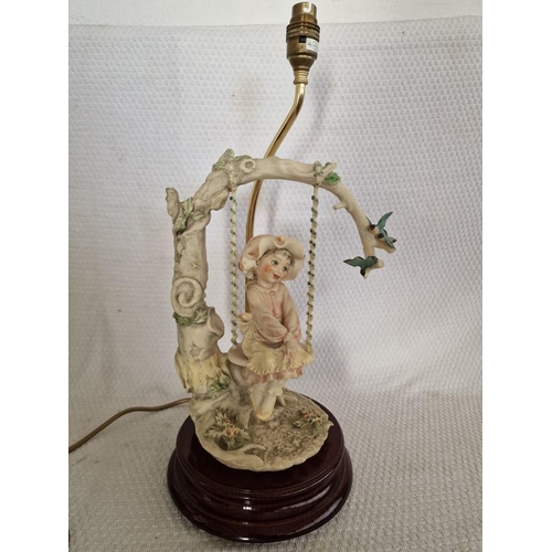 250 - Capodimonte Table / Side Lamp with Girl on Tree Swing, over Wooden Base, Signed & Stamped 'Florence'