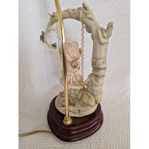 250 - Capodimonte Table / Side Lamp with Girl on Tree Swing, over Wooden Base, Signed & Stamped 'Florence'