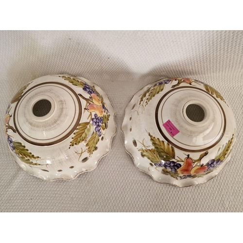 256 - Pair of Decorative Porcelain Lamp Shades with Fruit Decoration, Fluted Edge and Pierced Circles, (Ap... 