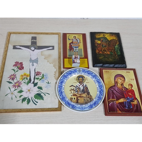 323c - Various Religious Icons Saint Anne, Saint Lazar,2 x Saint George, Crucified Jesus (5pcs)