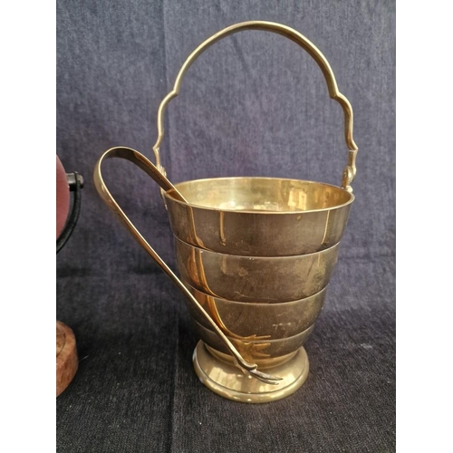 183 - Brass Ice Bucket with Handle and Tongs, London Clock Co Carriage Clock (quartz, untested), Round Clo... 