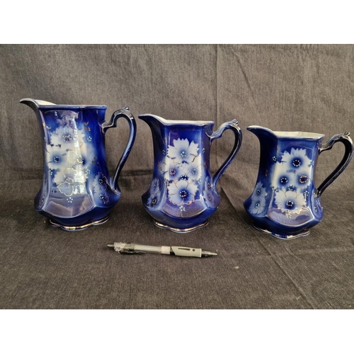 244 - Graduating Set of Vintage Porcelain Jugs, Cobalt Blue with Floral Pattern, (3)