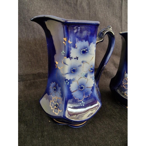 244 - Graduating Set of Vintage Porcelain Jugs, Cobalt Blue with Floral Pattern, (3)