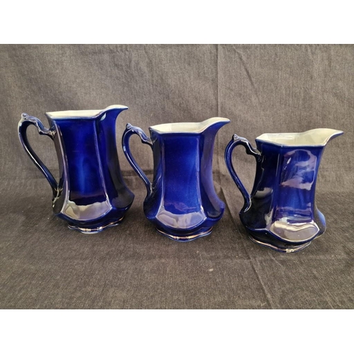 244 - Graduating Set of Vintage Porcelain Jugs, Cobalt Blue with Floral Pattern, (3)