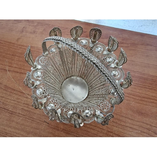 1A - Lefkara Style Silver Filigree Basket, 4-Footed with Curved Handle, .800 Silver, (Approx. H:18cm, ⌀:1... 
