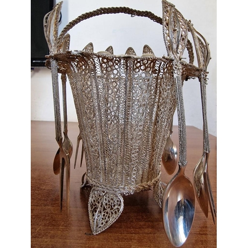 1A - Lefkara Style Silver Filigree Basket, 4-Footed with Curved Handle, .800 Silver, (Approx. H:18cm, ⌀:1... 