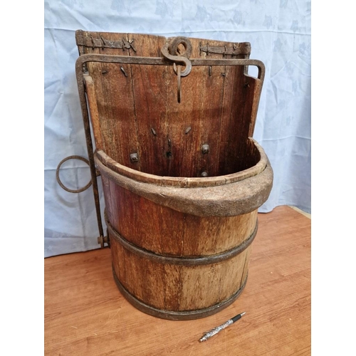 123 - Antique Chinese Water Bucket, Solid Wood with Forged Metal, Flat Back, (Approx. H: 62cm, W: 45cm)