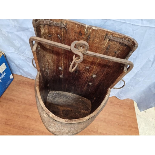 123 - Antique Chinese Water Bucket, Solid Wood with Forged Metal, Flat Back, (Approx. H: 62cm, W: 45cm)