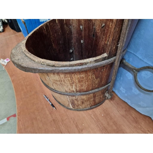 123 - Antique Chinese Water Bucket, Solid Wood with Forged Metal, Flat Back, (Approx. H: 62cm, W: 45cm)