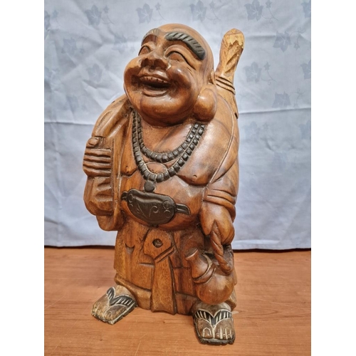 124 - Carved Solid Wood Statue of Laughing Buddha, (Approx. H: 42cm)