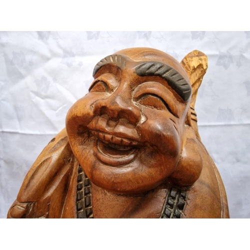 124 - Carved Solid Wood Statue of Laughing Buddha, (Approx. H: 42cm)