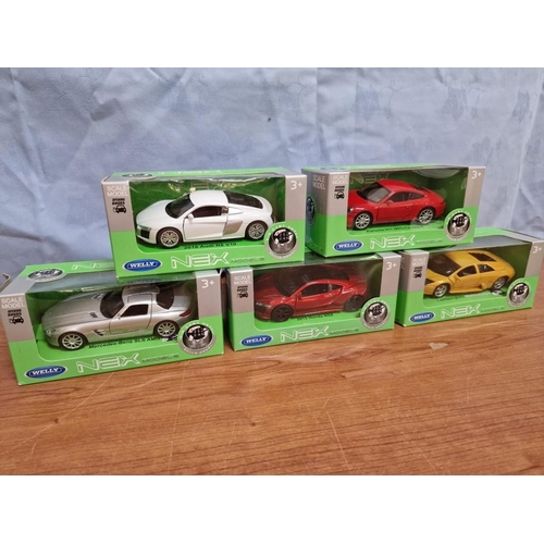 148 - Collection of 5 x Welly 'Nex' Scale Model Cars (1:43); Porsche 911, Honda NSX, Mercedes SLS, Audi R8... 