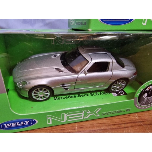 148 - Collection of 5 x Welly 'Nex' Scale Model Cars (1:43); Porsche 911, Honda NSX, Mercedes SLS, Audi R8... 