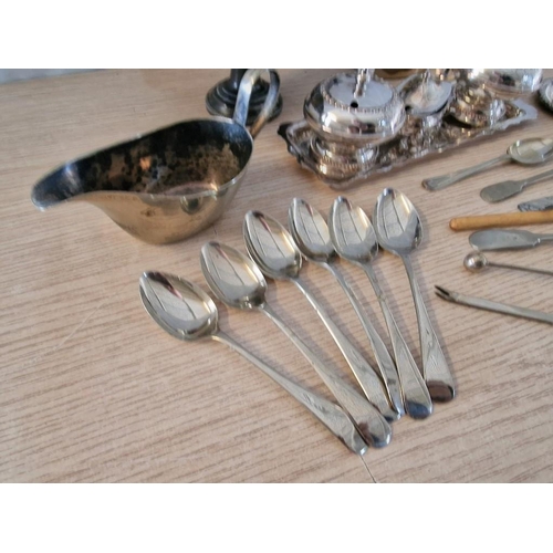 18 - Collection of Silver Plated Tableware & Items; 3 Cruet Set on Tray with Liners and Spoon, Matching M... 