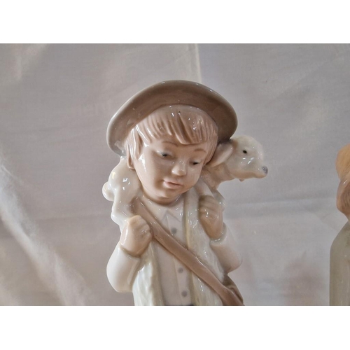 22 - Lladro Nao Figurine of Boy with Lamb, (Approx. H: 24cm), Together with 3 x Nao Style Female Figurine... 