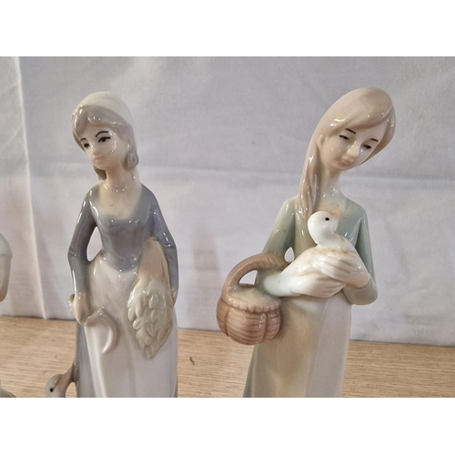 22 - Lladro Nao Figurine of Boy with Lamb, (Approx. H: 24cm), Together with 3 x Nao Style Female Figurine... 