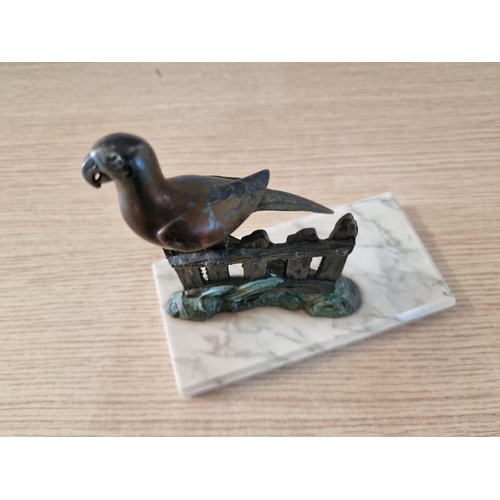 23 - Vintage Metal Parrott on Fence Ornament on Marble Plinth, (Approx. 15 x 16cm Overall)