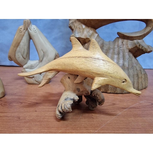 25 - Carved Wood Dolphins (Approx. H: 42cm), Together with 2 x Stone Carvings of Dolphin and Small Driftw... 