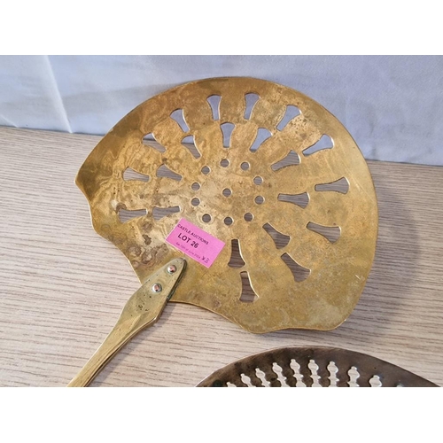 26 - Art Nouveau Brass Skimmer / Strainer (16 x 37cm Overall), Together with Early 19th Century Brass Ski... 