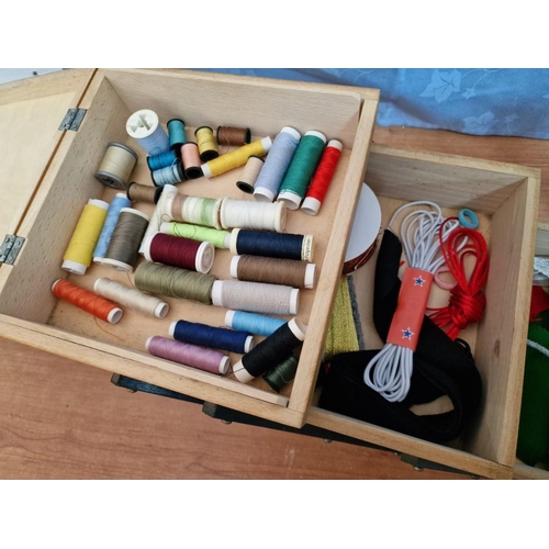 30 - Large Wooden Cantilever Sewing Box with Contents, (Approx. 43 x 21 x 20cm plus Handle)