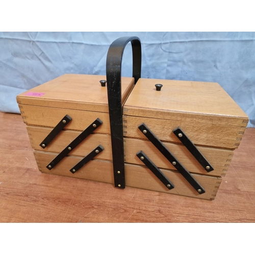 30 - Large Wooden Cantilever Sewing Box with Contents, (Approx. 43 x 21 x 20cm plus Handle)