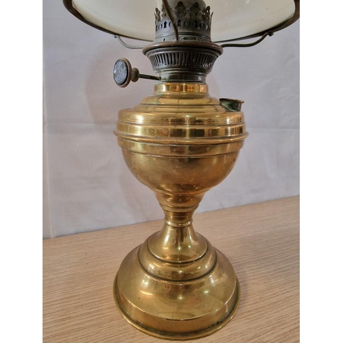 33 - Vintage 'Wizard' Traditional Brass Oil Lamp with White Shade and Glass Funnel, (Approx. H: 51cm)