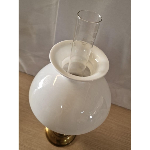 33 - Vintage 'Wizard' Traditional Brass Oil Lamp with White Shade and Glass Funnel, (Approx. H: 51cm)