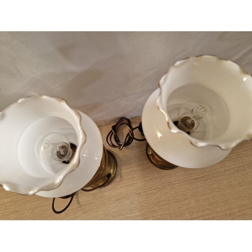 34 - Pair of Electrified Brass Oil Lamps with White Gold Edged Shades (Approx. H: 37cm), * Working When L... 